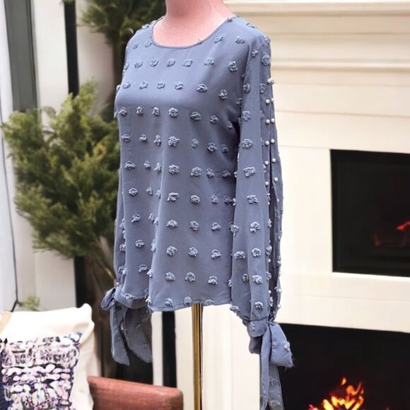 SHEIN NEW SWISS DOT SPLIT SLEEVE KNOT CUFF BLOUSE TOP POWDER BLUE PEARLS LARGE - Picture 2 of 10